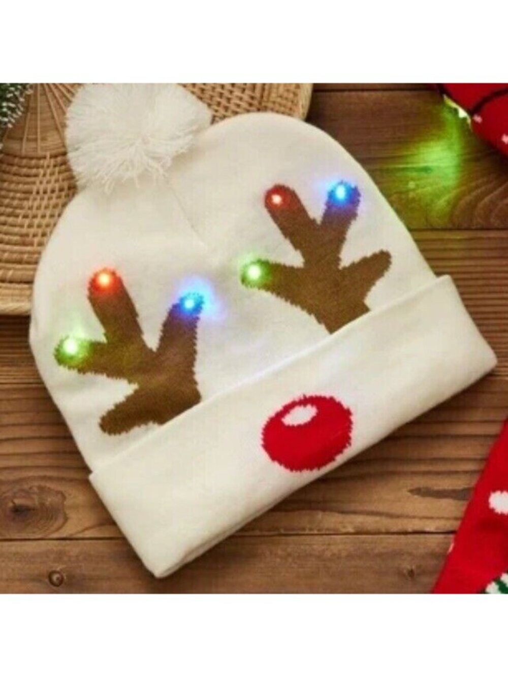 Los Angeles Boutique Flashing LED Light Christmas Beanie Hat Pom Pom White NEW